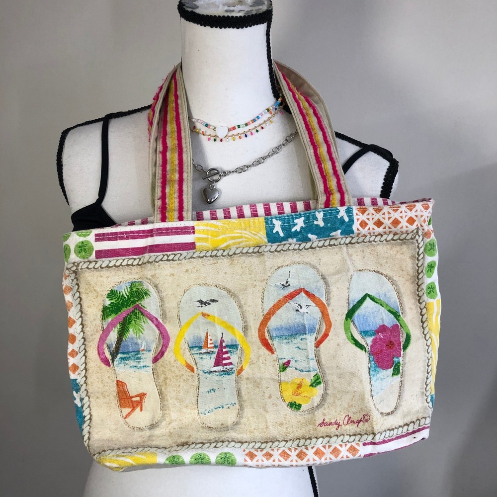 Vintage Sandy Clough Flip Flop Beach Tote Bag Y2K Coconut Girl Patchwork Canvas